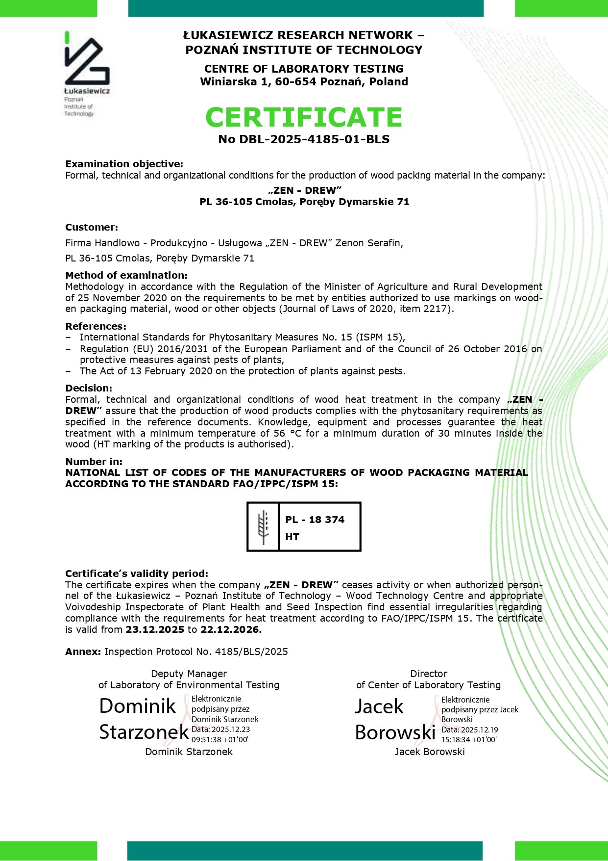 English IPPC and HT certificate for ZEN-DREW valid through 22 December 2026