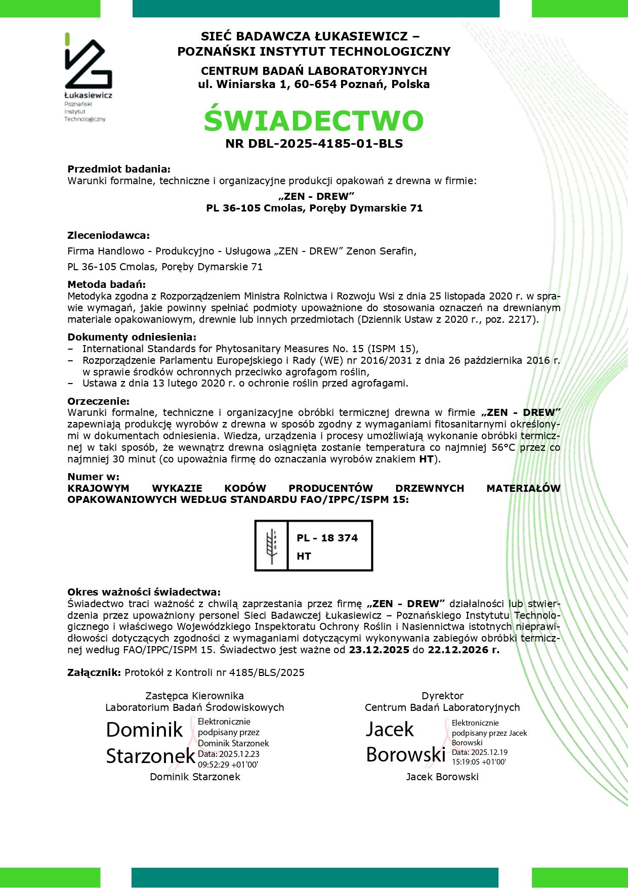 Świadectwo IPPC i HT ZEN-DREW ważne do 22 grudnia 2026
