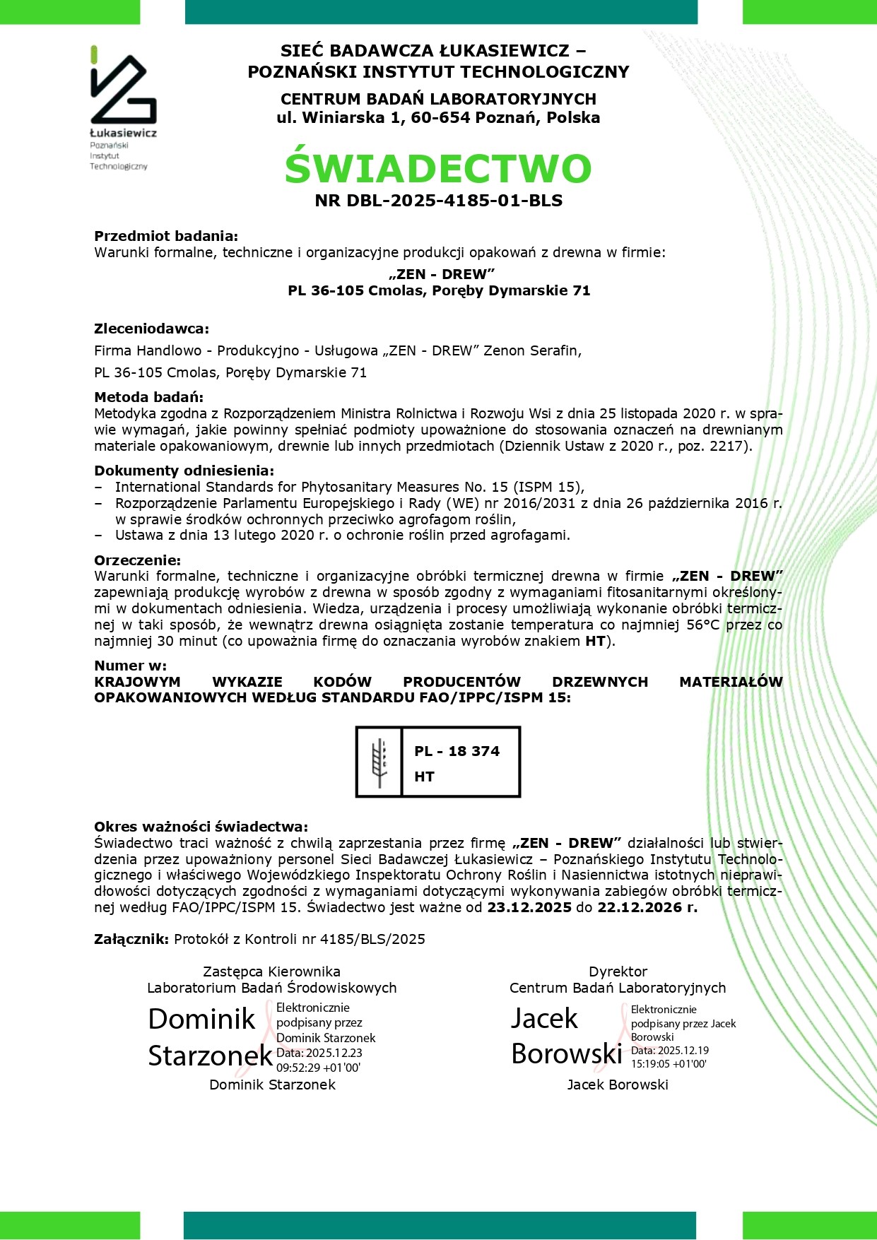 Polskie świadectwo IPPC i HT ZEN-DREW ważne do 22 grudnia 2026